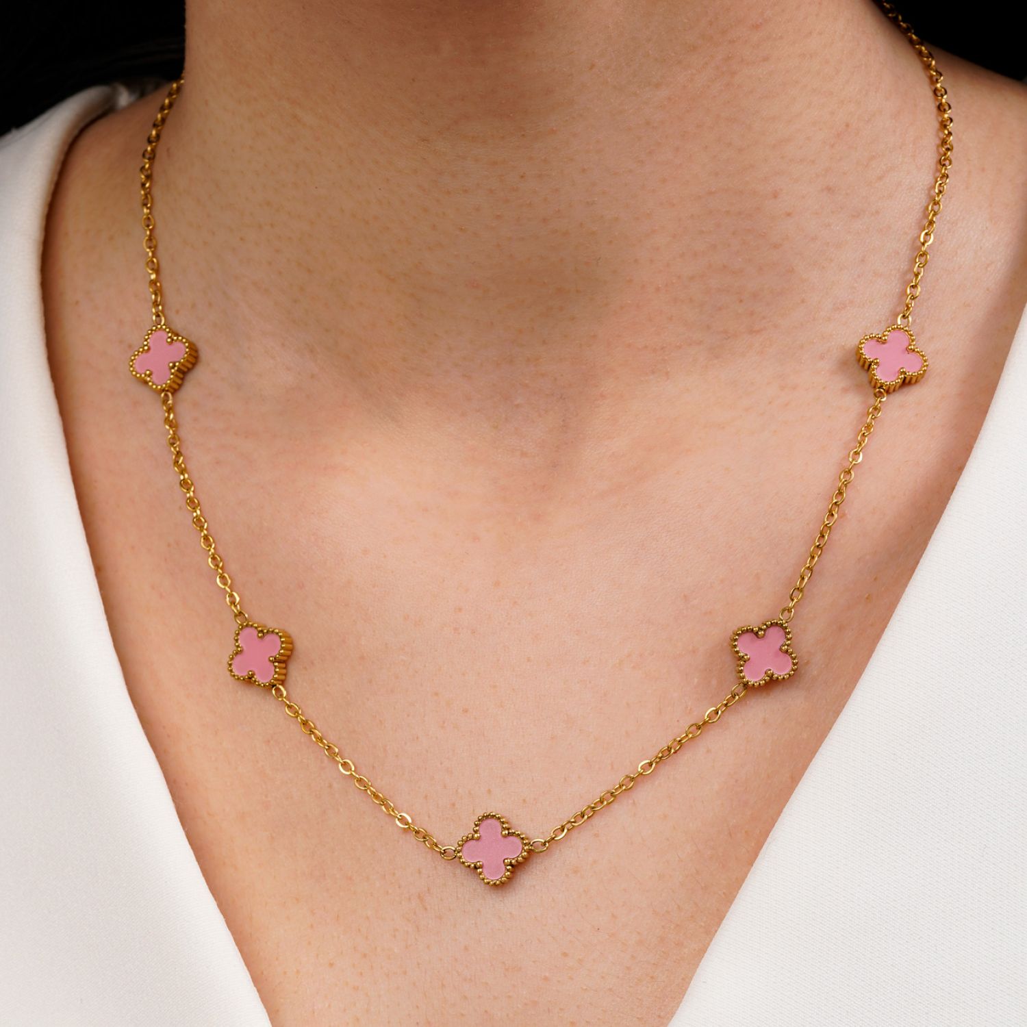 گردنبند ونکلیف صورتی استیل 304 طلایی 11 میل
